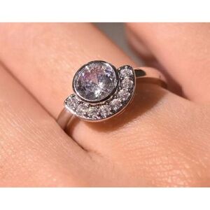 NEW 2Ct Rhodium 925 Silver Half Moon Silver Simulated Diamond Ring, Size 8
